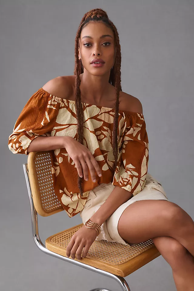 By Anthropologie Off-The-Shoulder Floral Blouse BROWN MOTIF