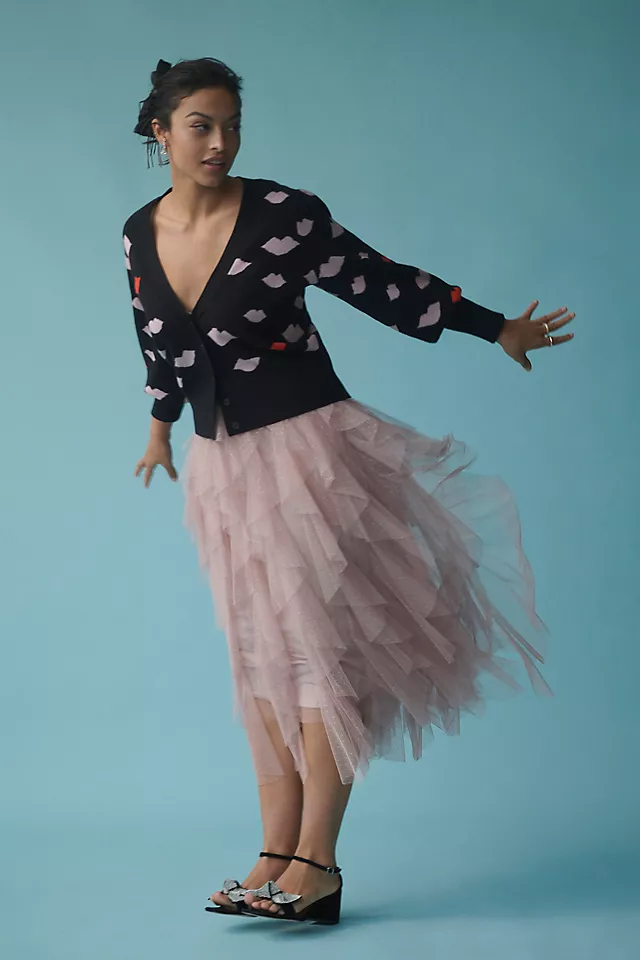 The Chéri Ruffled Tulle Midi Skirt by Anthropologie ROSE