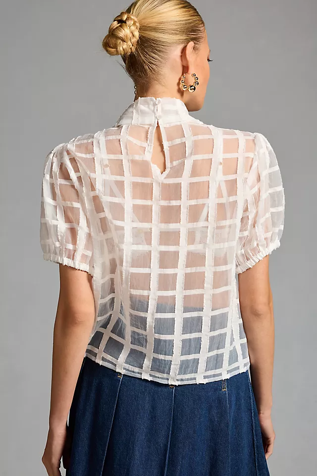 Maeve Sheer Grid Short-Sleeve Blouse WHITE