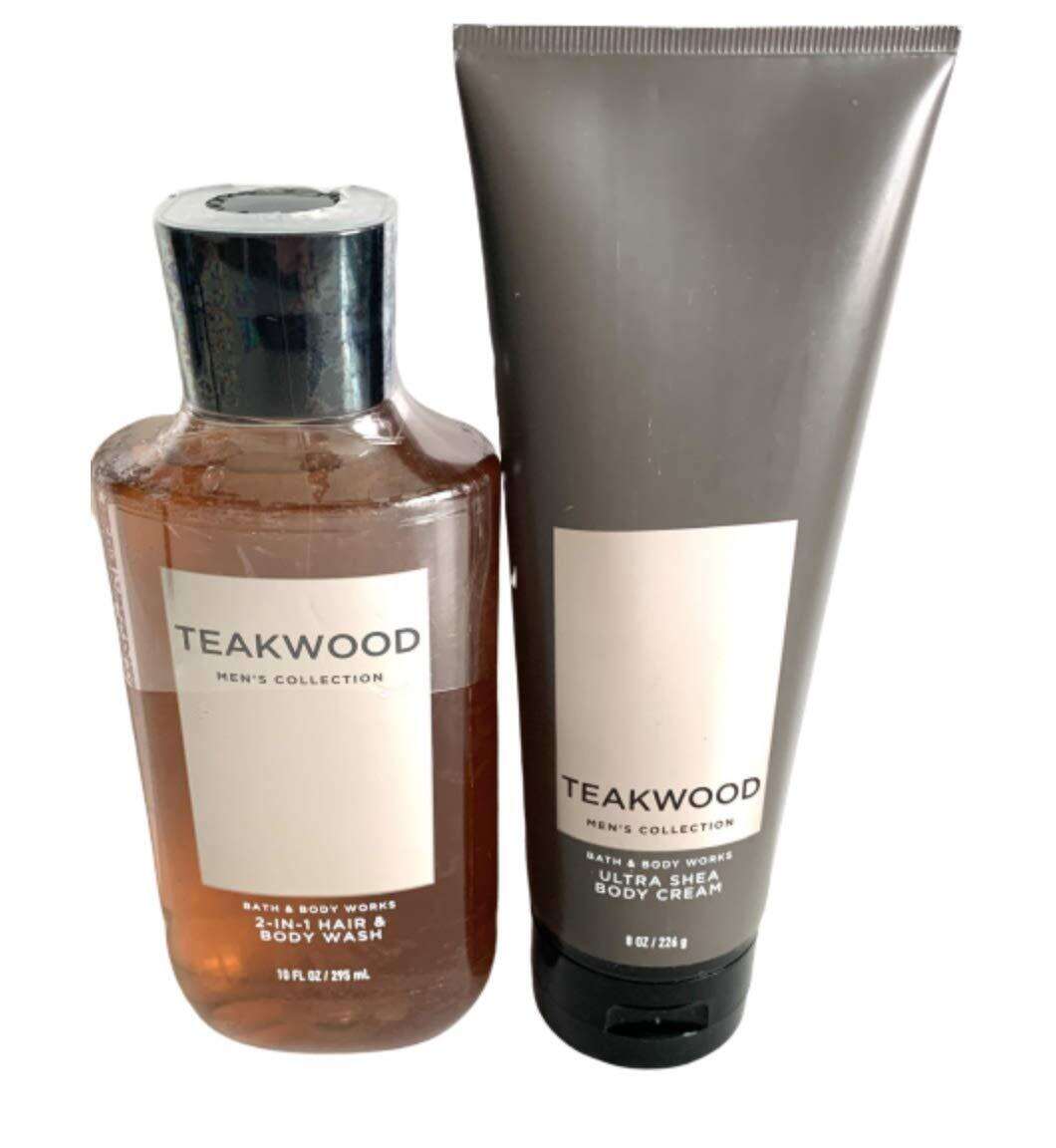 Bath and Body Works Teakwood Men's Collection Ultra Shea Body Cream and 2 in 1 Hair and Body Wash (2 Pack Bundle)