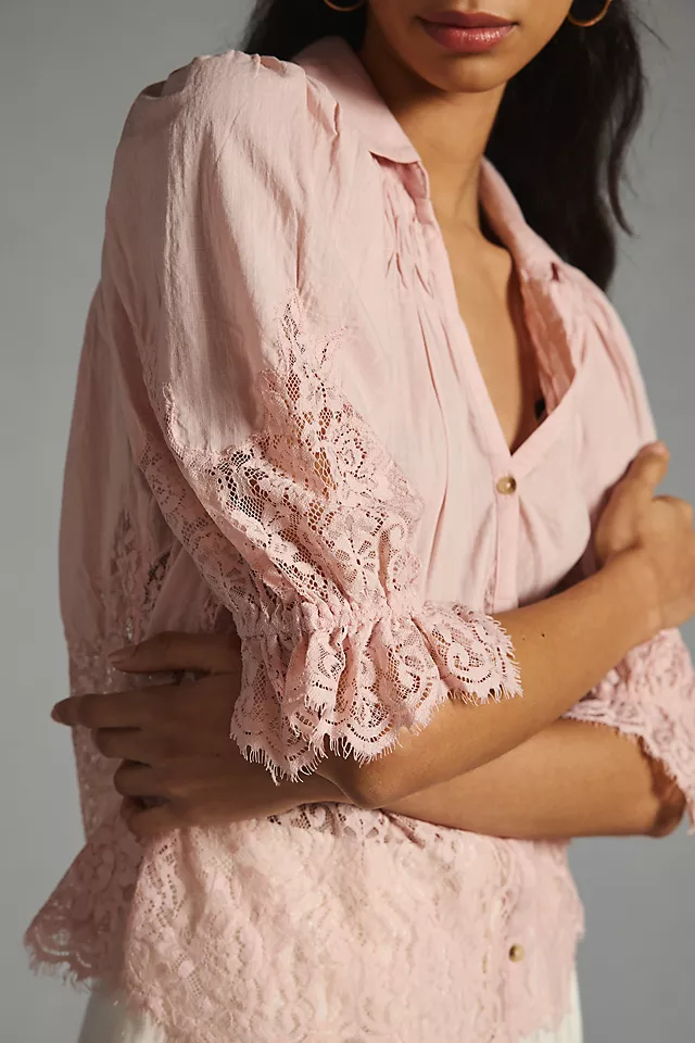 By Anthropologie Victorian Sheer-Lace Blouse PINK