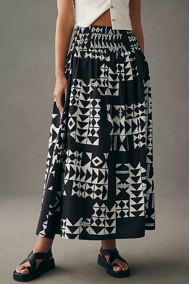By Anthropologie Smocked Yoke Skirt BLACK MOTIF