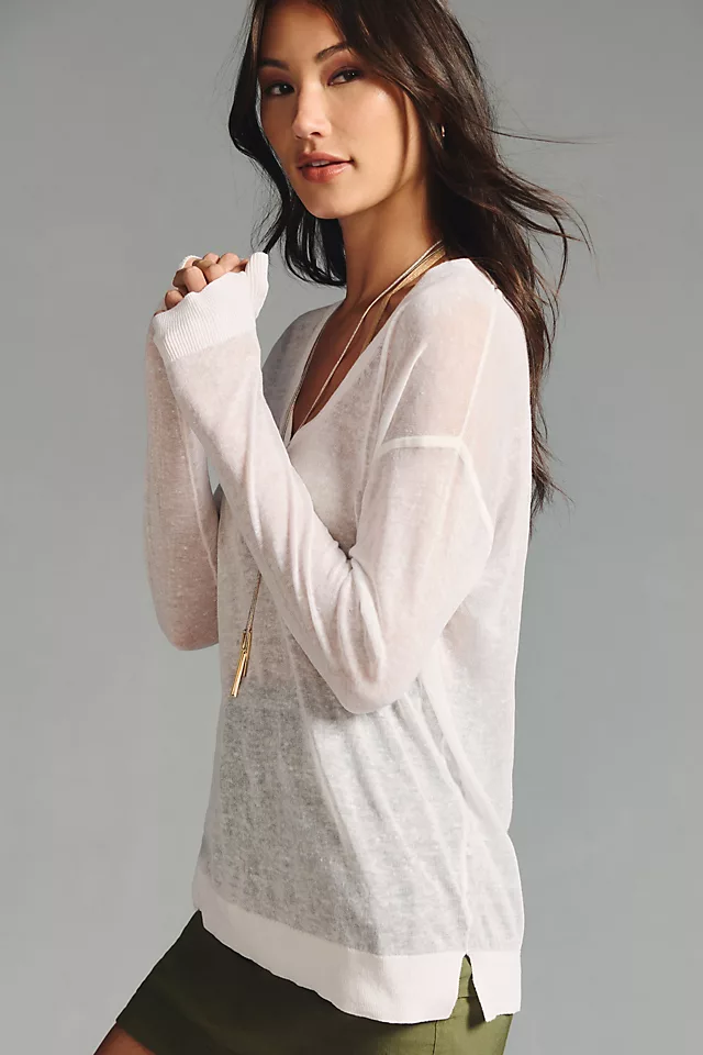Maeve Sheer Oversized V-Neck Sweater WHITE