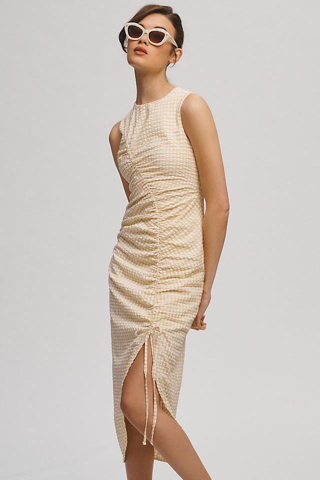 Maeve Ruched Gingham Dress OYSTER