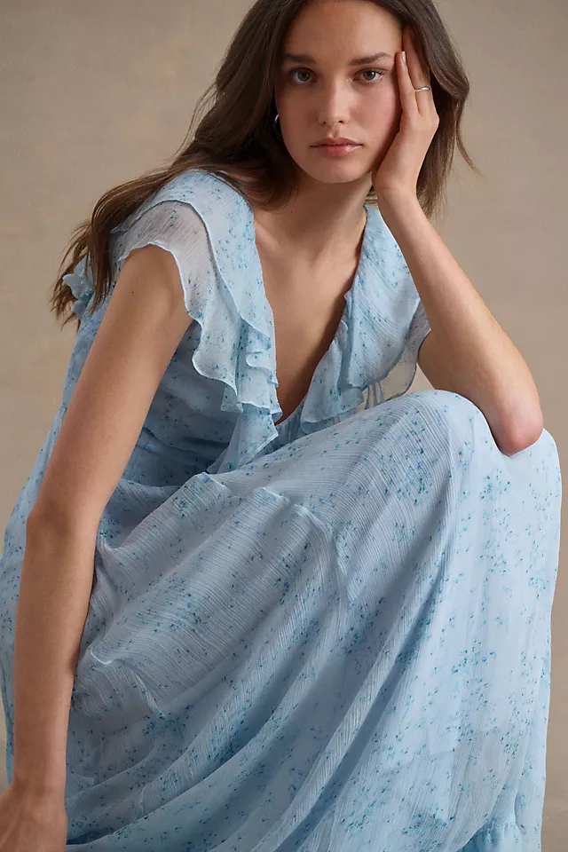 Sachin & Babi Ivy Chiffon Flutter-Sleeve Ruffled V-Neck Gown BLUE