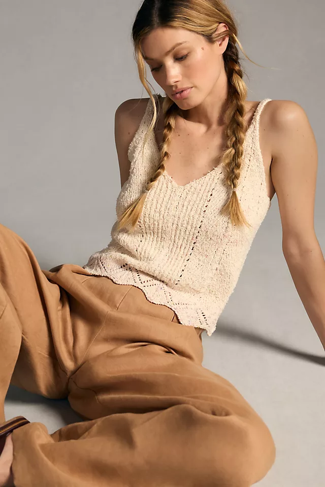 By Anthropologie V-Neck Pointelle Sweater Tank Ivory Multi Marble