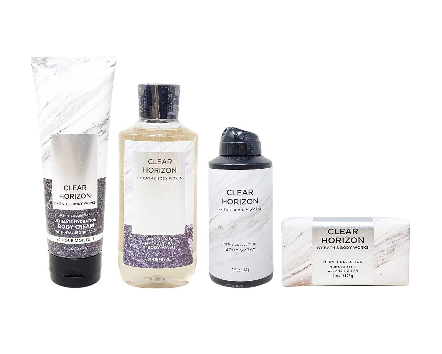 Bath & Body Works Men's Collection Clear Horizon 4 Piece Bundle - Body Cream - 3-in-1 Hair, Face & Body Wash - Body Spray - Cleansing Bar - Full Size