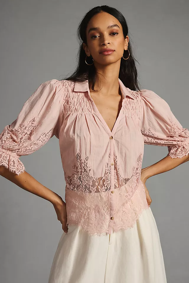 By Anthropologie Victorian Sheer-Lace Blouse PINK