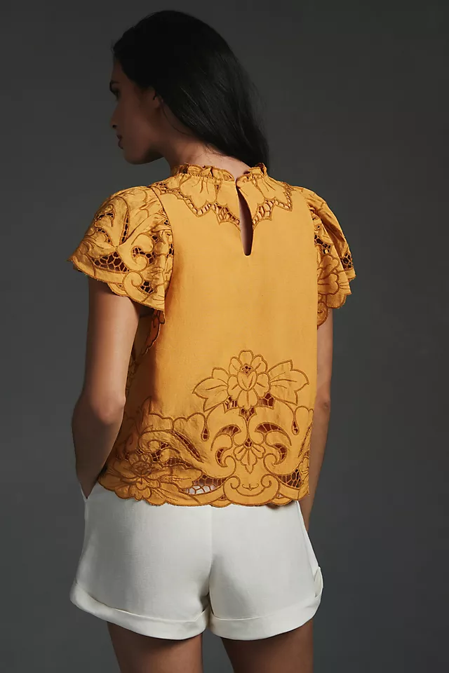By Anthropologie Ruffle-Collar Lace Cutout Blouse CANARY
