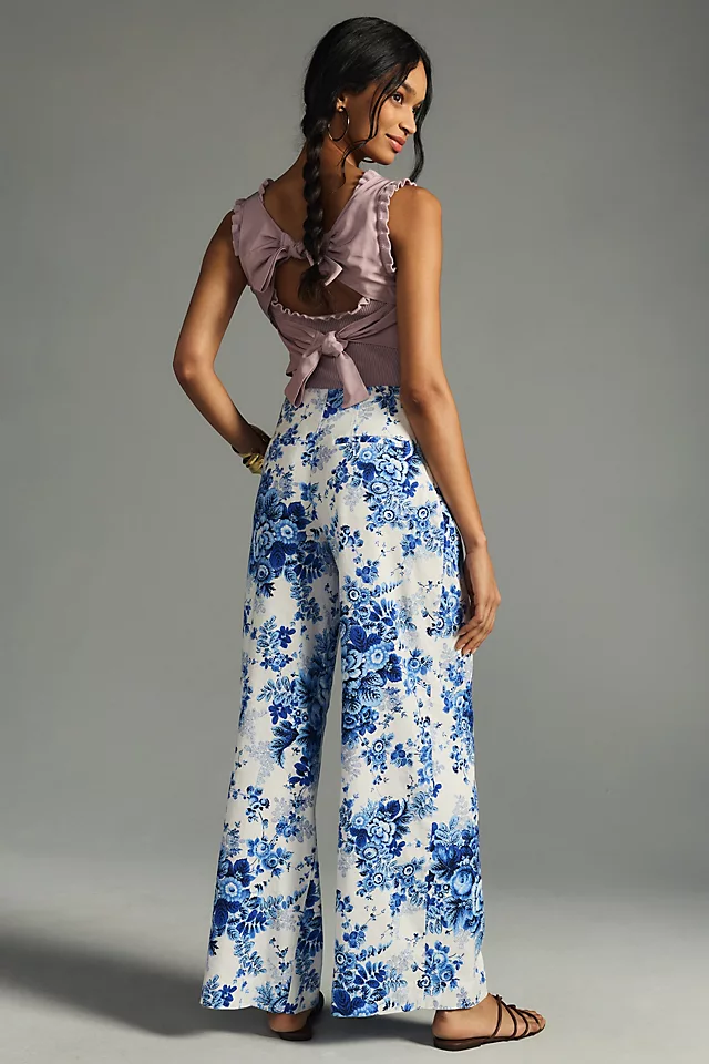 Maeve Printed Pleated Wide-Leg Pants BLUE