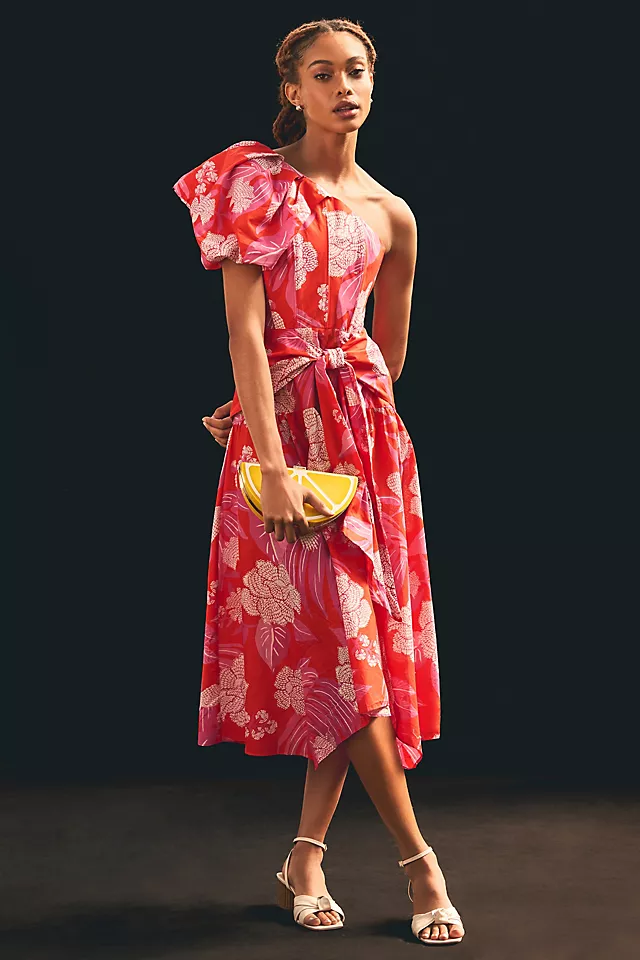 Farm Rio One-Shoulder Puff-Sleeve Dress RED