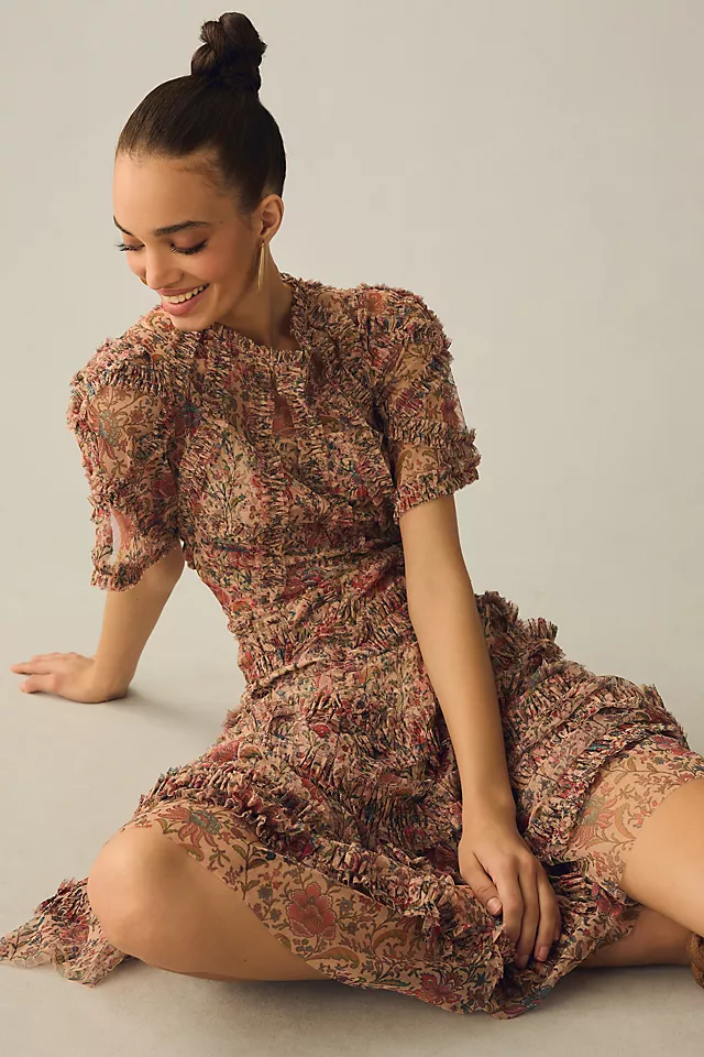 Ieena for Mac Duggal Ruffled Flutter-Sleeve Dress BEIGE