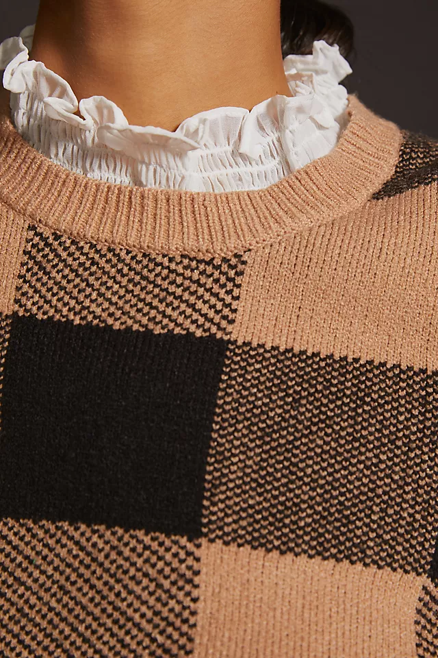 By Anthropologie Plaid Ruffle-Collar Pullover Sweater BROWN MOTIF