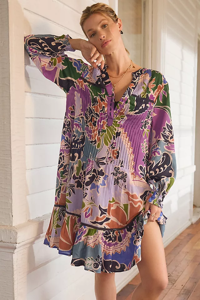 By Anthropologie Pintuck Flouncy Sleep Dress BLUE MOTIF