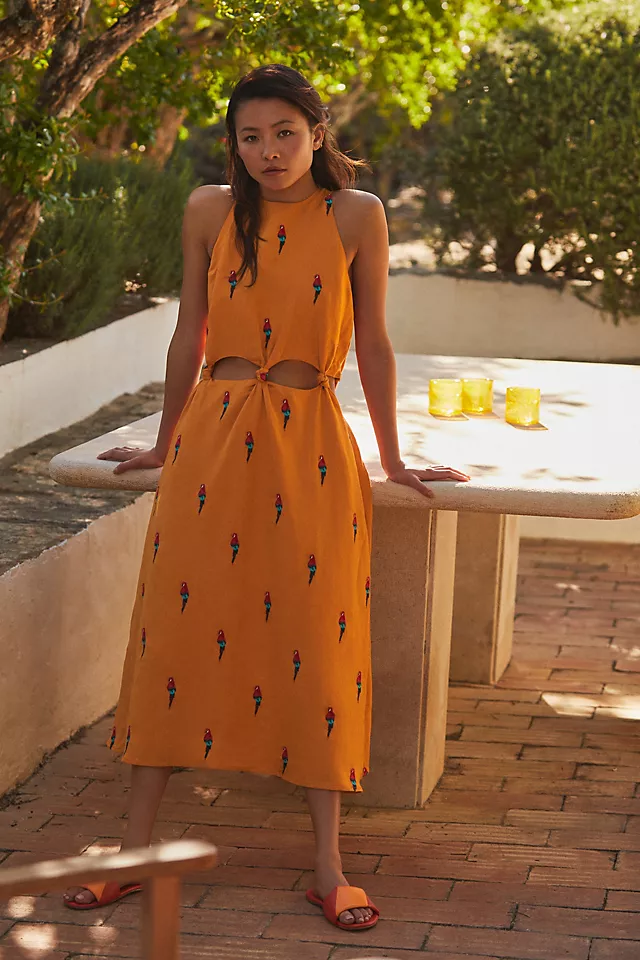 Farm Rio Parrot Halter Maxi Dress ORANGE