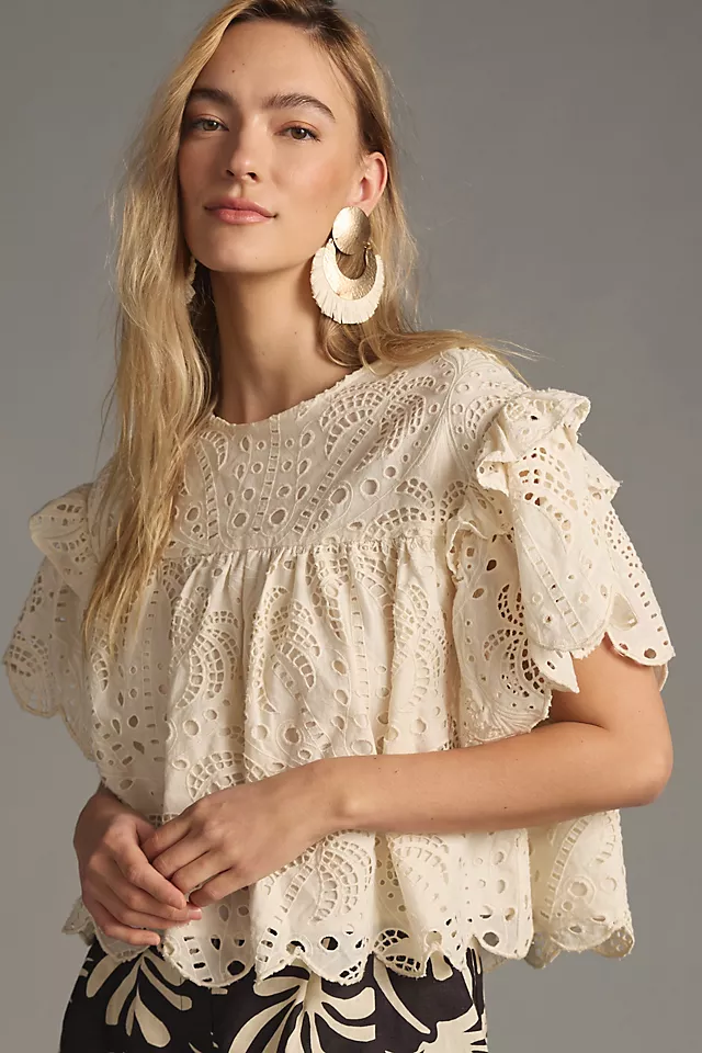 Farm Rio x Anthropologie Palm Tree Richilier Blouse WHITE
