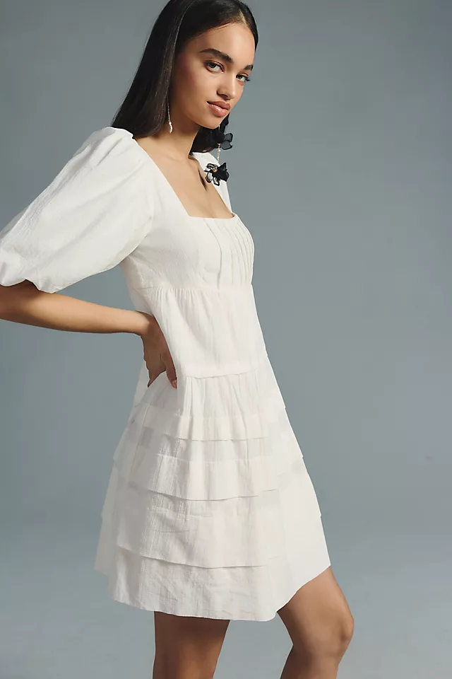 By Anthropologie Square-Neck Puff-Sleeve Tiered Dress WHITE