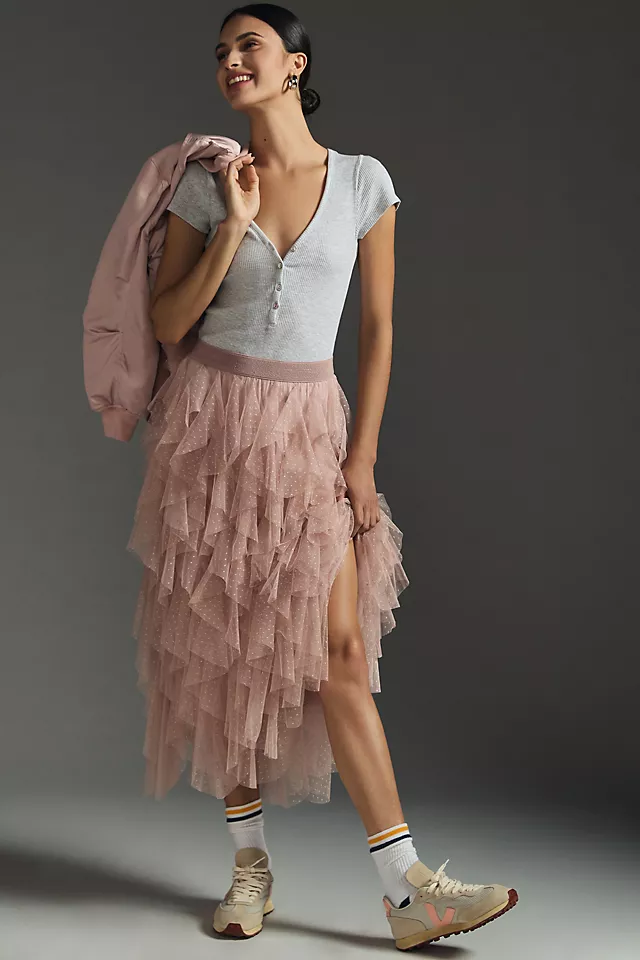 The Chéri Ruffled Tulle Midi Skirt by Anthropologie ROSE