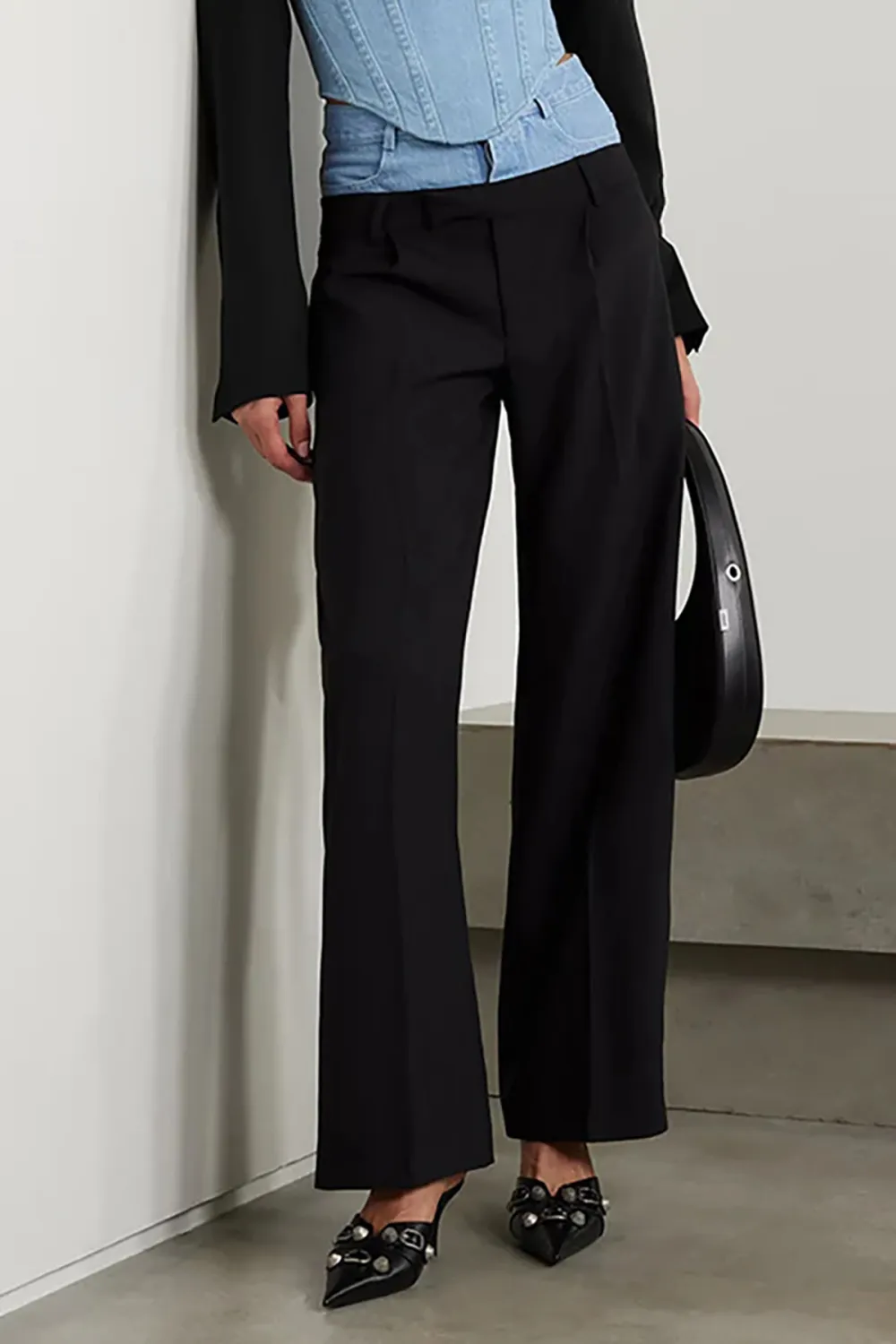 Unique Bicolor Double Waist High Rise Straight Leg Full Length Hybrid Pants