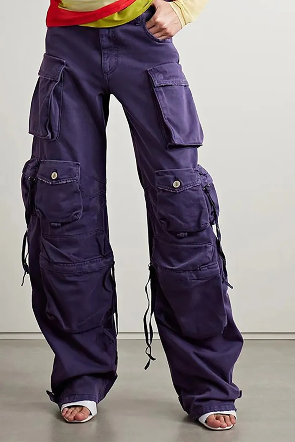 Offbeat Multi Pocket High Waist Wide Leg Full Length Horseshoe Cargo Jeans