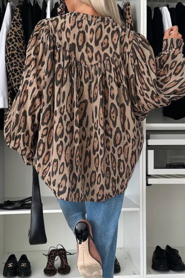 Light Beige Leopard Print Balloon Sleeve Loose Blouse