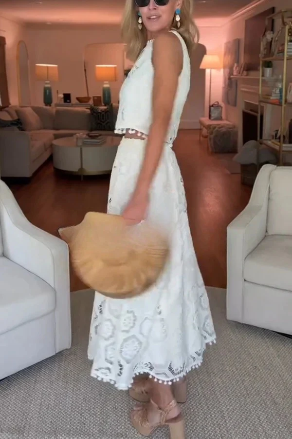 Embroidered Crochet Lace Tassle Trim Crop Tank Top