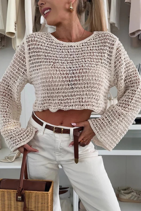 Fashion Knitted Hollow Long Sleeve Round Neck Holiday Cover Up