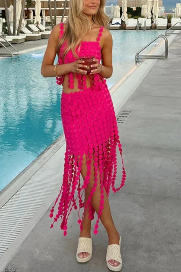 See Through Circle Embroidery Square Neck Tassle Hem Slip Tank