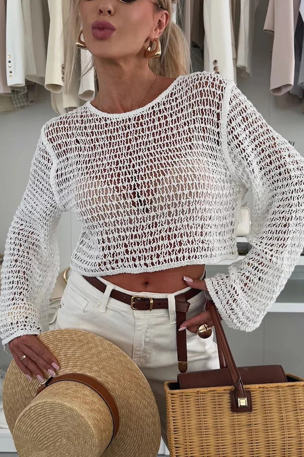 Fashion Knitted Hollow Long Sleeve Round Neck Holiday Cover Up