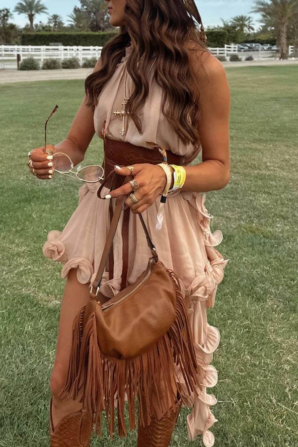 Delicate Romantic Drama Chiffon Wavy Ruffles Halter Irregular A-line Top