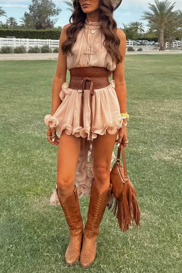 Delicate Romantic Drama Chiffon Wavy Ruffles Halter Irregular A-line Top