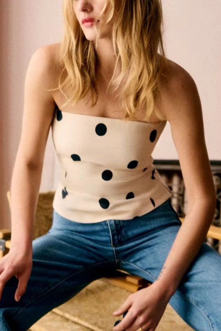 Linen Blend Polka Dot Print Back Smocked Strapless Top