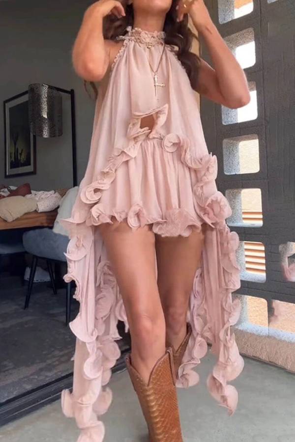 Delicate Romantic Drama Chiffon Wavy Ruffles Halter Irregular A-line Top