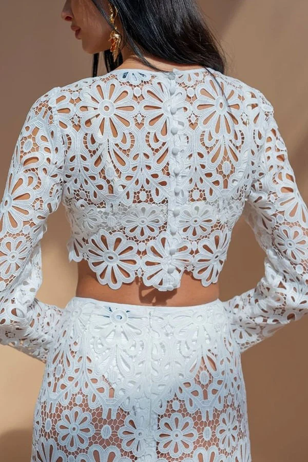 Crochet Lace Floral Pattern Long Sleeve Crop Vacation Top