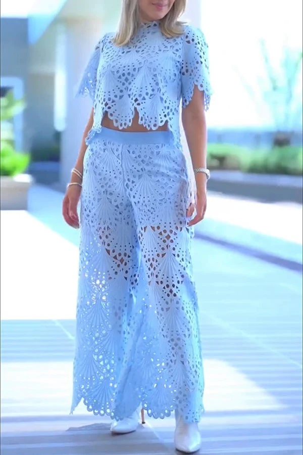 Scallop Cutout Embroidery Lace Short Sleeve Loose Top