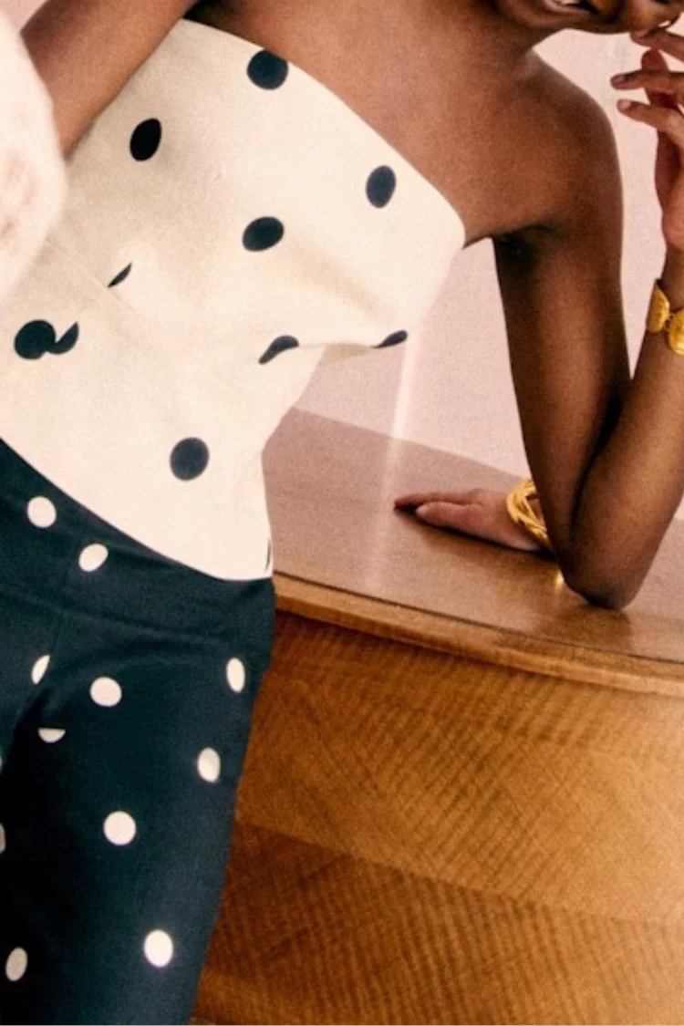 Linen Blend Polka Dot Print Back Smocked Strapless Top