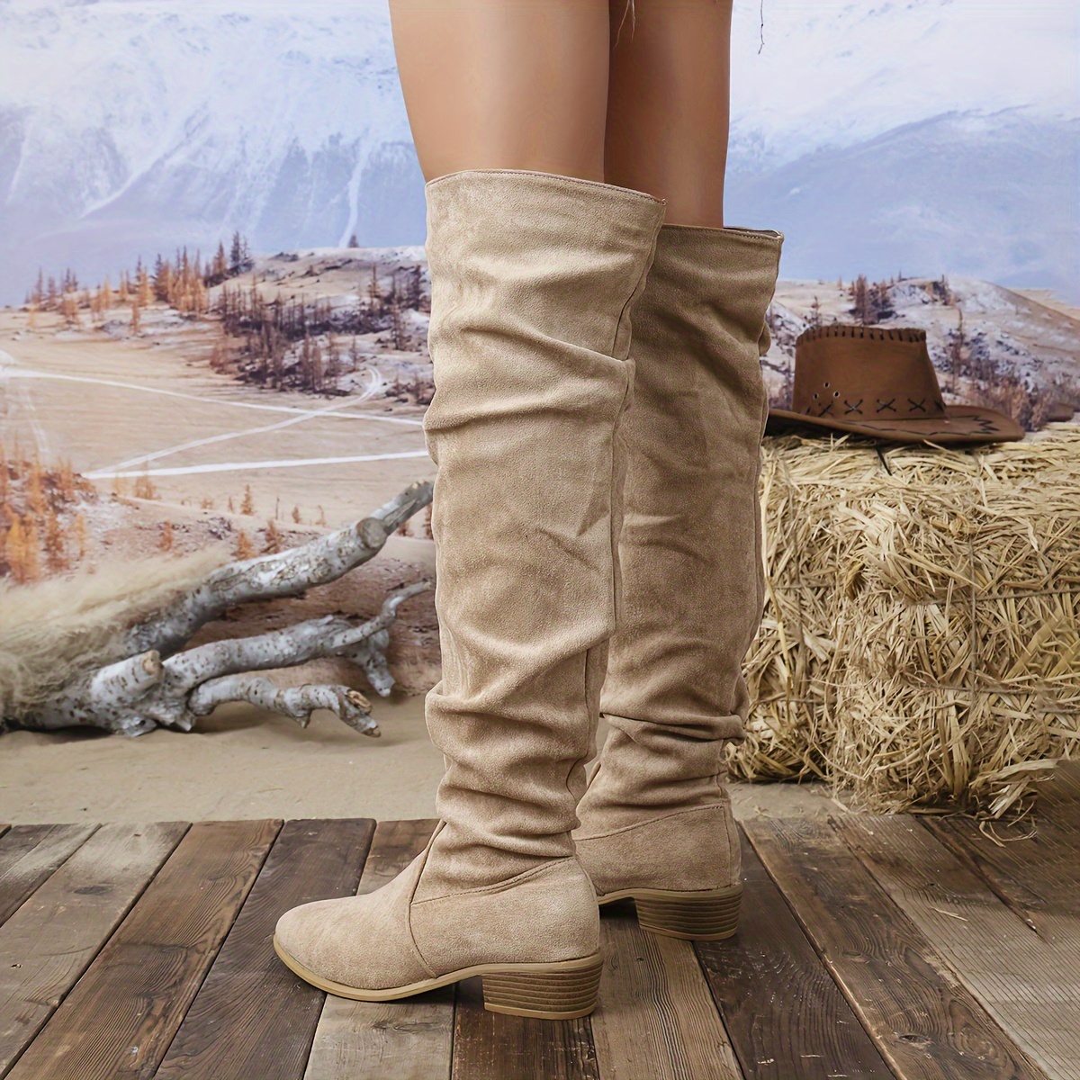 Elegant Slip-On Women's Boots - Chic Solid Color, Mid-Heel, Round Toe with Velvet Lining for All Seasons