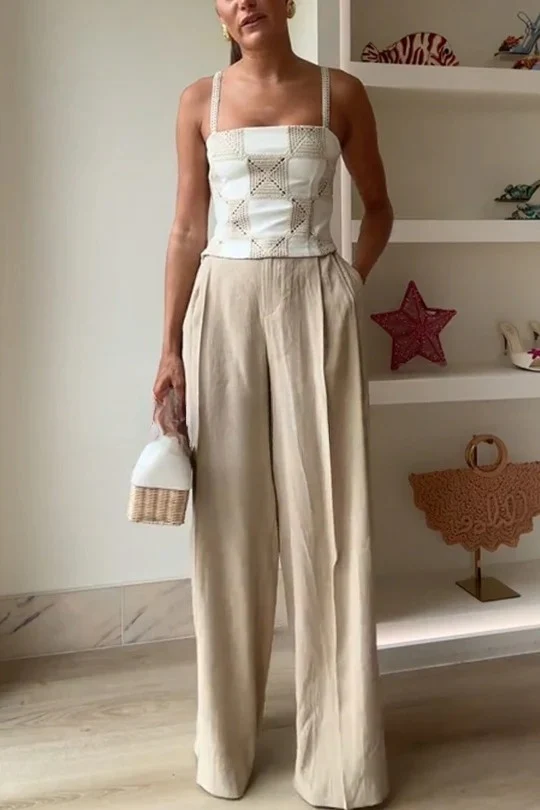 Contrast Patchwork Crochet Appliqué Strap Tank Top