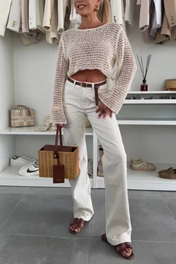 Fashion Knitted Hollow Long Sleeve Round Neck Holiday Cover Up