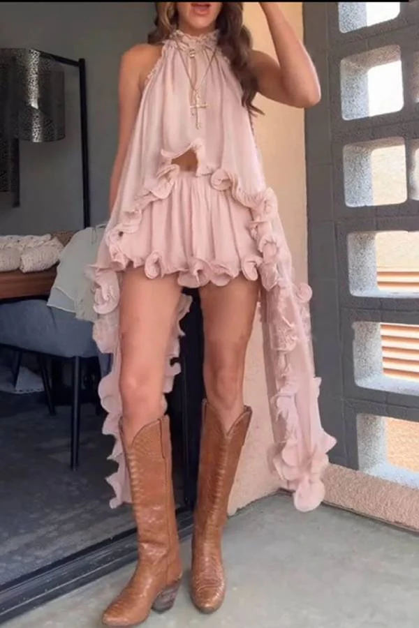 Delicate Romantic Drama Chiffon Wavy Ruffles Halter Irregular A-line Top
