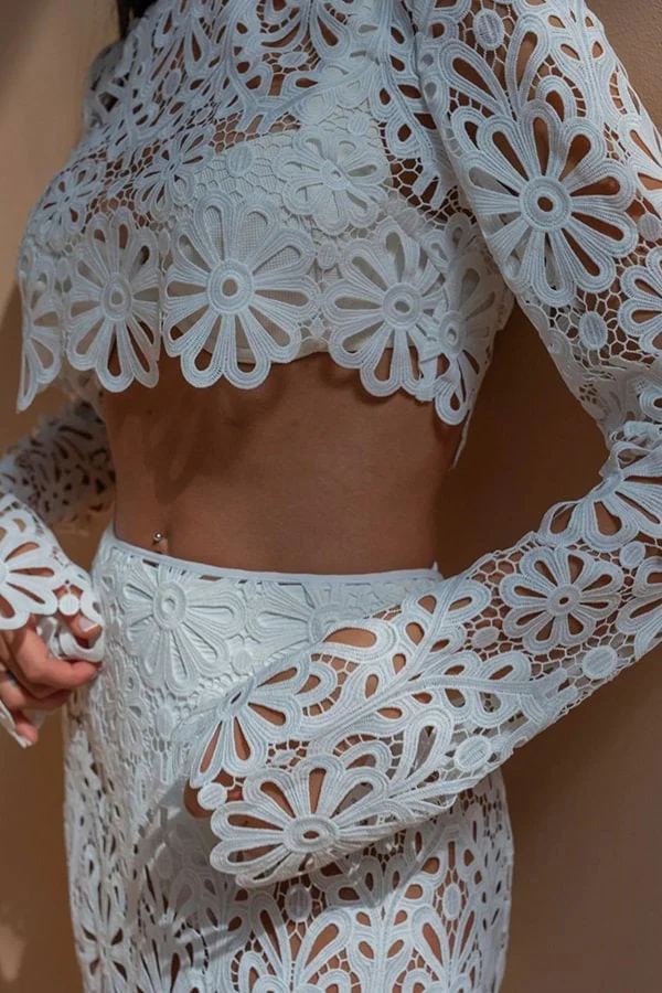 Crochet Lace Floral Pattern Long Sleeve Crop Vacation Top