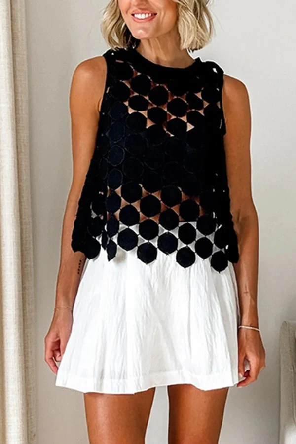 See Through Circle Embroidery Round Neck Sleeveless Tank