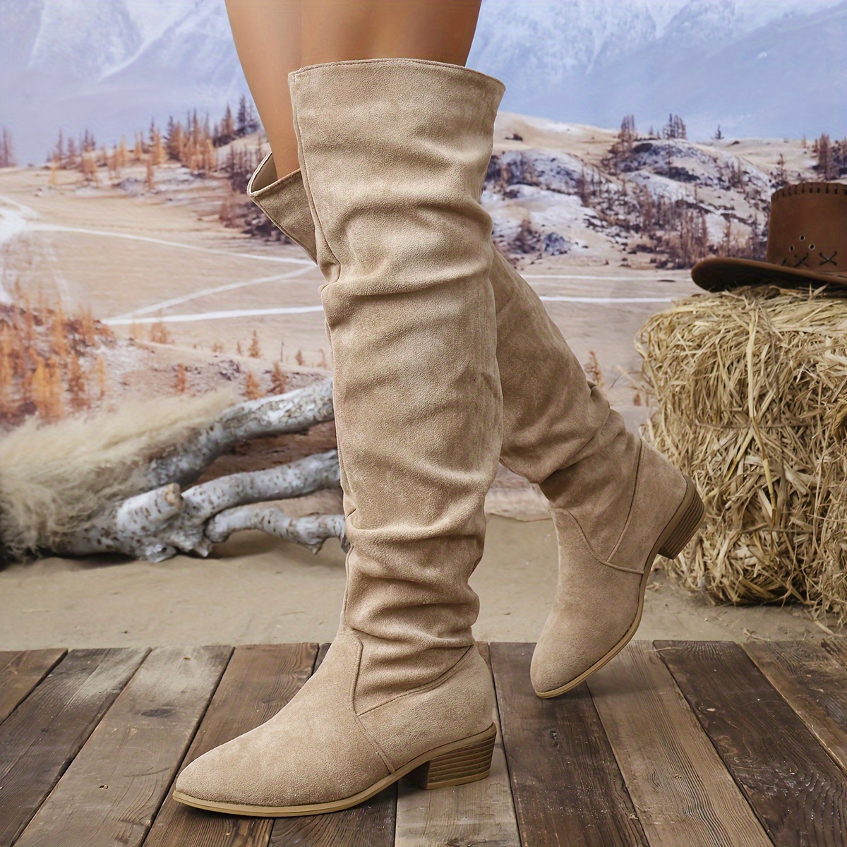 Elegant Slip-On Women's Boots - Chic Solid Color, Mid-Heel, Round Toe with Velvet Lining for All Seasons