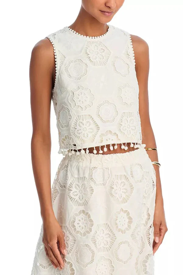 Embroidered Crochet Lace Tassle Trim Crop Tank Top