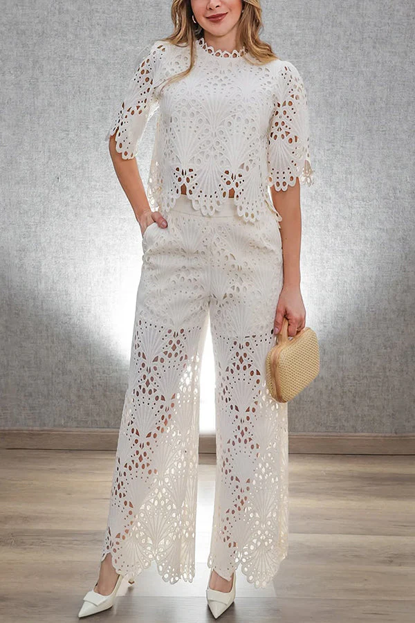 Scallop Cutout Embroidery Lace Short Sleeve Loose Top