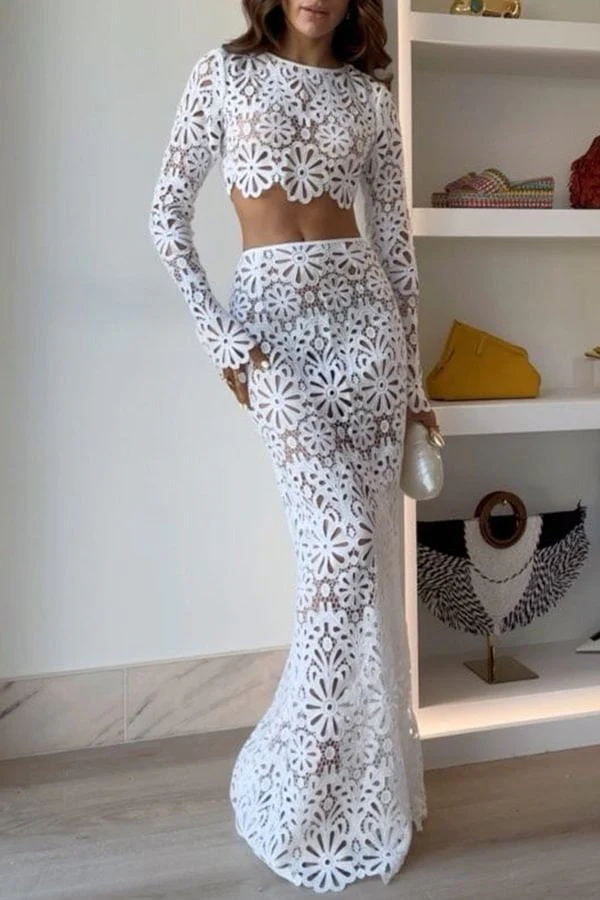 Crochet Lace Floral Pattern Long Sleeve Crop Vacation Top