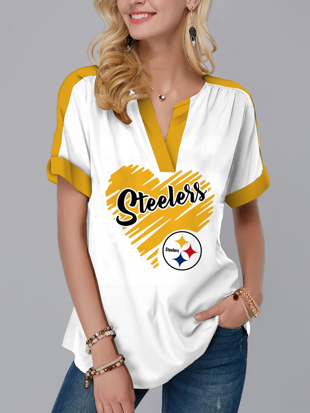 Pittsburgh Steelers Fashion Short Sleeve V-Neck Shirt