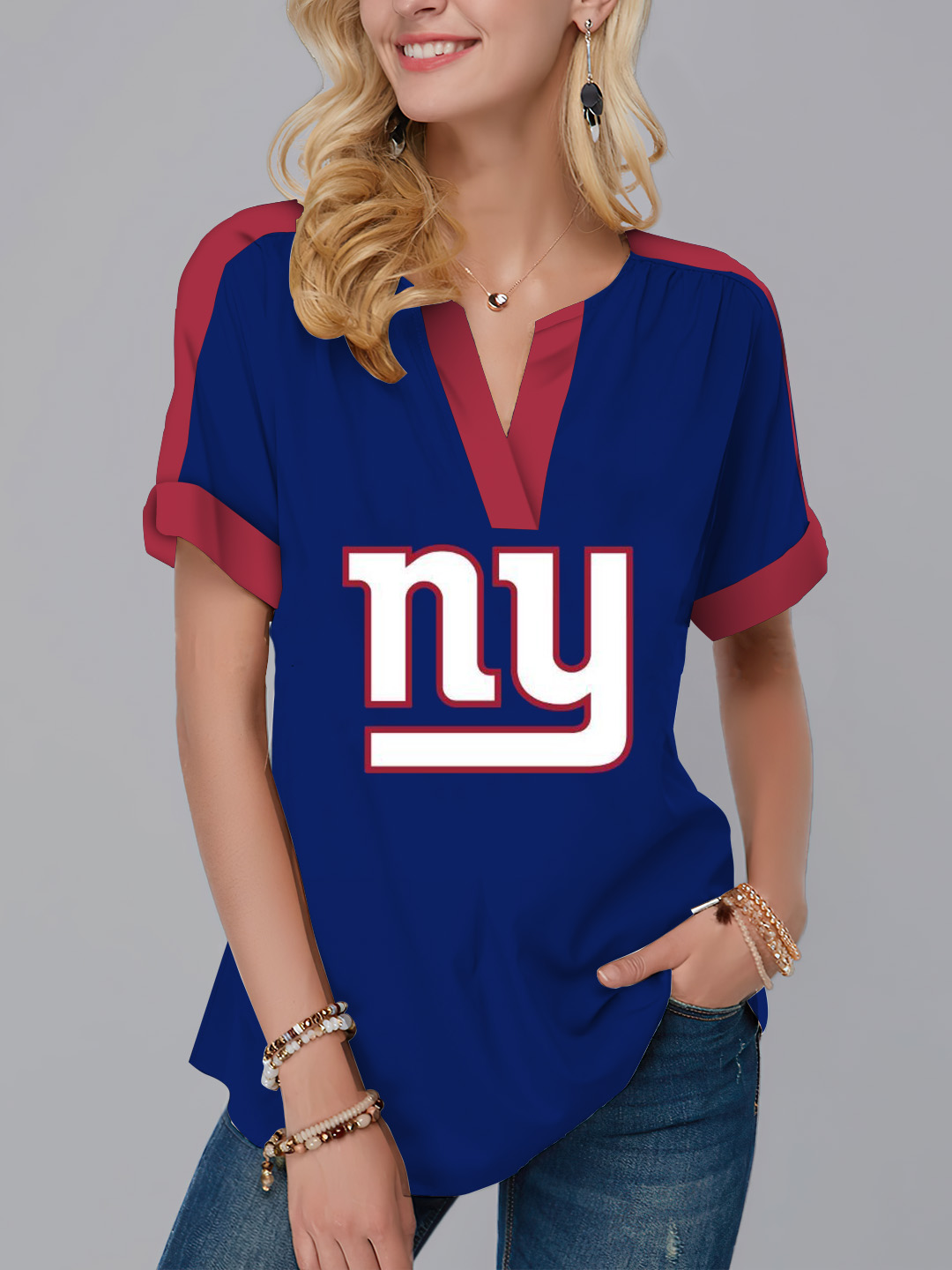 New York Giants  Fashion Short Sleeve V-Neck Shirt