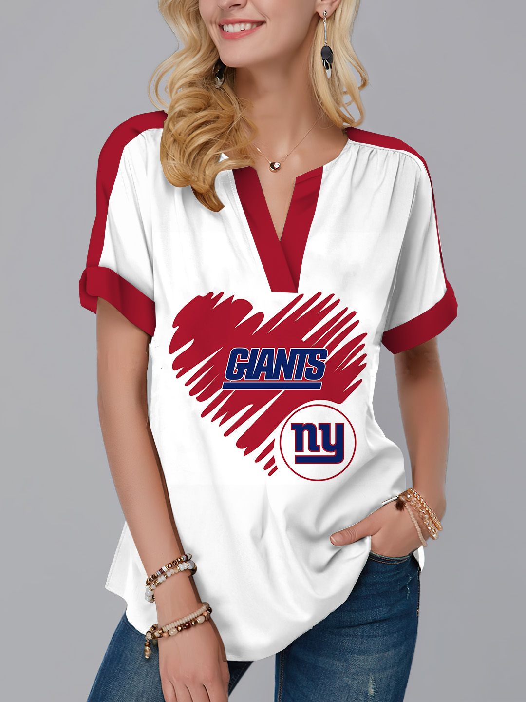 New York Giants  Fashion Short Sleeve V-Neck Shirt