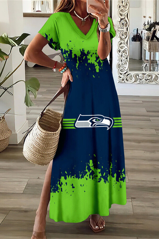 Seattle Seahawks V-Neck Sexy Side Slit Long Dress